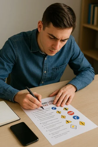 Ehliyet sınavına hazırlanırken test çözen aday